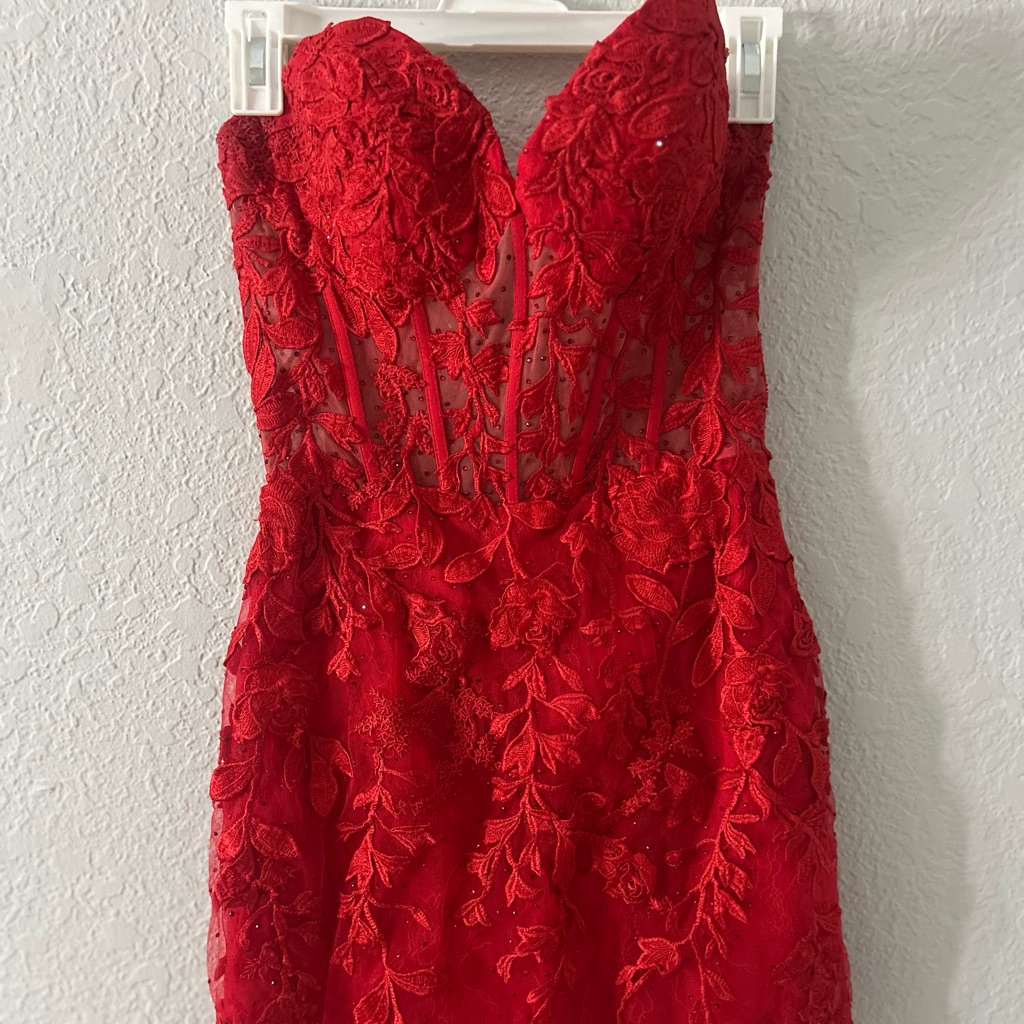 Sherri Hill Strapless Scarlet Floral Dress